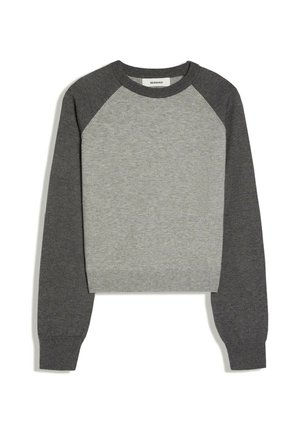 Pull col rond avec corps gris clair et manches longues raglan gris foncé, poignets et ourlet côtelés, posé à plat sur fond blanc.