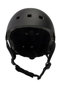 Sort hjelme med en glat mat overflade, ventilationsåbninger, polstret inderside og justerbar hagesnor. Indersiden har blød sort foring.