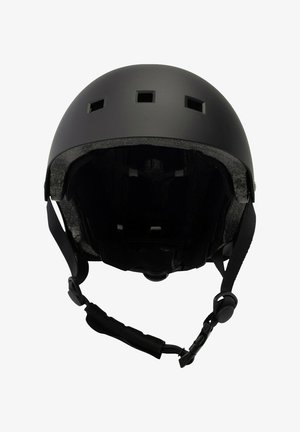 Black helmet with a smooth matte finish, ventilation slots, padded interior, and adjustable chin strap. Interior features soft black lining.