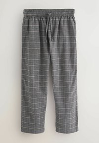 Szare, kraciaste piżamy z elastycznym pasem i regulowanym sznurkiem. Tkanina jest miękka w dotyku i ma wzór w kratkę.