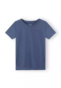 Niebieska krótko rękawowa koszulka, okrągły dekolt, miękka tekstura, z delikatnym logo na piersi, wykonana z lekkiego materiału.