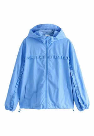 Hellblaue Kapuzenjacke mit Frontreißverschluss, elastischen Bündchen, Seitentaschen und Spitzenbesatz entlang der Brust und Ärmel.