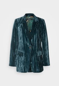 Teal velvet blazer with vertical stripes, single-button closure, and two front pockets. Features a patterned inner lining and structured lapels.