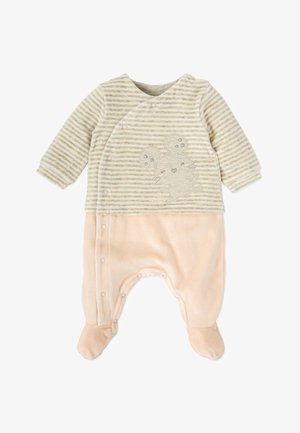 Body de rayas suave en beige y rosa claro. Cuenta con cierres a presión, mangas largas y un diseño de ratón en el pecho. Textura de lana francesa.