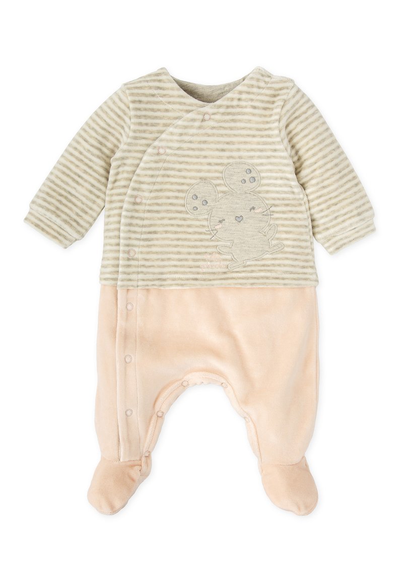 Body de rayas suave en beige y rosa claro. Cuenta con cierres a presión, mangas largas y un diseño de ratón en el pecho. Textura de lana francesa.