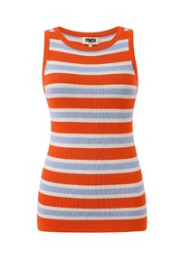 Débardeur à côtes avec des rayures horizontales orange, bleu clair et blanc. Il présente un col rond et une conception sans manches.