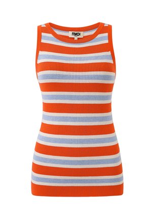 Débardeur à côtes avec des rayures horizontales orange, bleu clair et blanc. Il présente un col rond et une conception sans manches.