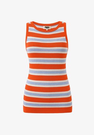 Débardeur à côtes avec des rayures horizontales orange, bleu clair et blanc. Il présente un col rond et une conception sans manches.