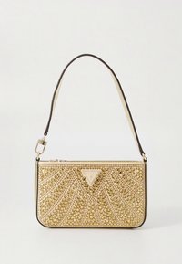 Gold-tone handbag with a textured surface featuring raised circular studs, triangular logo, and a single strap in dark color.