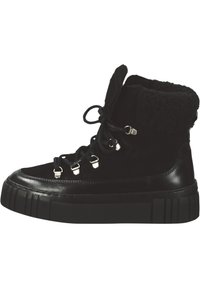 Schwarze Knöchelstiefel aus Wildleder und Leder, mit strukturiertem Fellbesatz, silberner Schnürhardware und schwerer schwarzer Gummisohle.