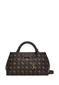 Sac à main noir texturé avec un motif monogramme marron, des accents en métal doré et un détail de serrure. Comprend deux poignées supérieures et une bandoulière amovible.