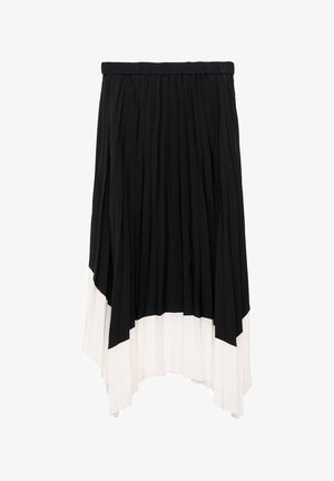 Gonna plissettata bianco e nera con orlo asimmetrico, dotata di una cintura ampia e una texture morbida. La parte inferiore è completamente bianca.