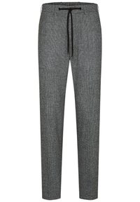 Gray patterned trousers with a drawstring waist, slim fit, and soft texture. Features side pockets and a classic check design.