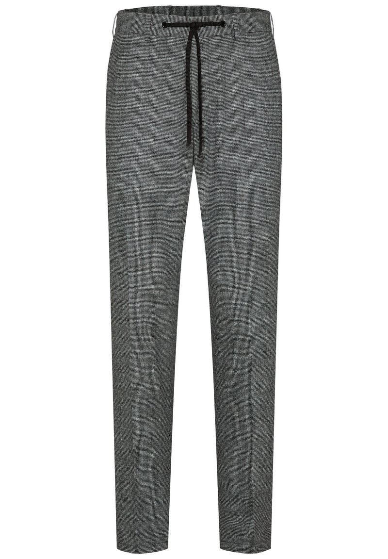 Gray patterned trousers with a drawstring waist, slim fit, and soft texture. Features side pockets and a classic check design.