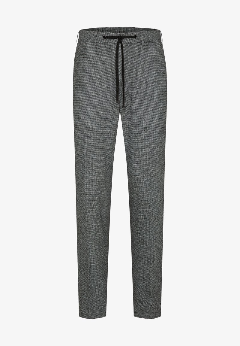 Gray patterned trousers with a drawstring waist, slim fit, and soft texture. Features side pockets and a classic check design.