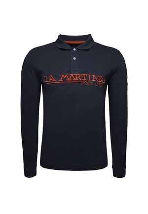 Marineblauwe polo met lange mouwen, gemaakt van katoen, voorzien van een knoopsluiting met drie knopen, een rood geborduurd logo op de borst en geribbelde mouwen.