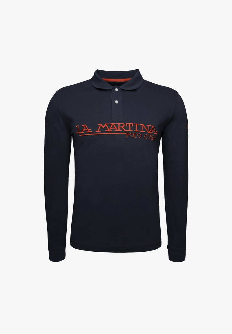 Námořnické polo tričko s dlouhým rukávem vyrobené z bavlny, s tříknoflíkovou légou, červeným vyšívaným logem na prsou a žebrovanými manžetami.