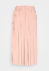 Paita, hame jonka pituus ulottuu polveen, pehmeässä vaaleanpunaisessa värissä. Varustettu joustavalla vyötäröllä ja hienoilla, pystysuorilla röyhelöillä, jotka antavat tekstuuria ulkonäölle. Sujuva kankaan pinta.