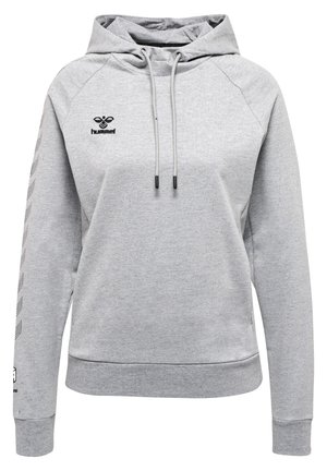 Jasnoszara bluza z kapturem z długim rękawem, z kieszenią z przodu, regulowanymi ściągaczami i czarnym logo hummel na lewej piersi i wzdłuż rękawów.