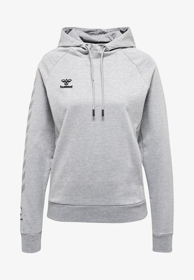 Sweat à capuche gris clair à manches longues avec poche avant, cordons réglables et logo hummel noir sur la poitrine gauche et le long des manches.