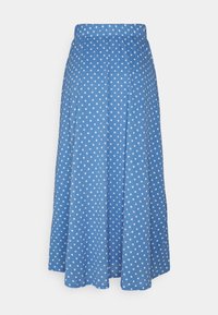 Modrá, sukně ke kolenům vyrobená z texturované látky, s bílými puntíky, vysokým pasem a sklady pro objem.