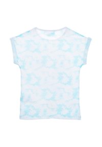 Camiseta de manga corta en tie-dye azul claro con cuello redondo y hombros ligeramente caídos. Tejido de algodón suave con una textura lisa.