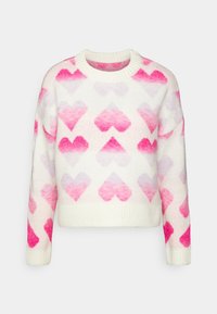 Strickpullover in Creme mit einem Farbverlauf aus rosa und lila Herzen. Gerippter Rundhalsausschnitt und -manschetten, cropped Schnitt, weiche Textur.