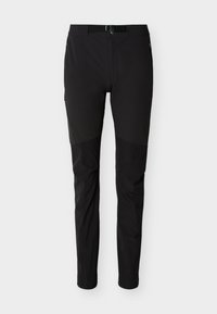 Μαύροι εξωτερικοί παντελόνια slim-fit με ενσωματωμένη ρυθμιζόμενη ζώνη και φερμουάρ πλαϊνές τσέπες, παρουσιάζονται επίπεδα σε λευκό φόντο.