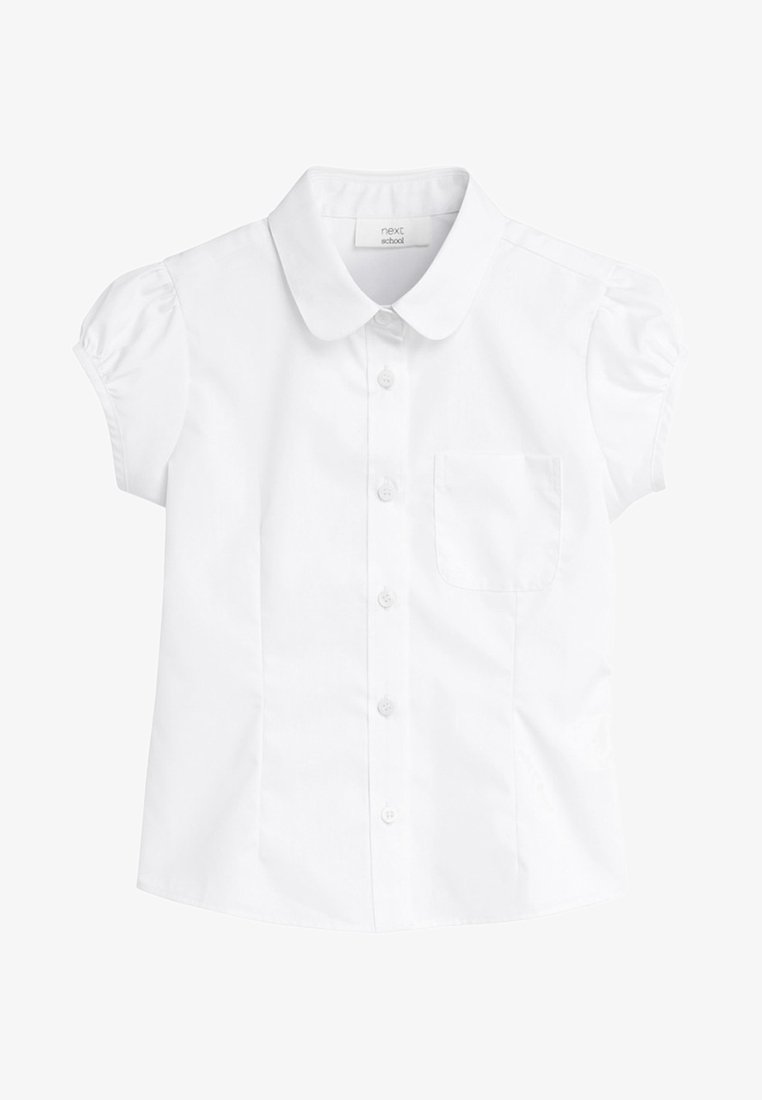 White short-sleeve shirt with a button front, rounded collar, and small chest pocket. Smooth fabric and gathered sleeves for a fitted look.