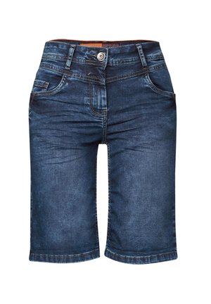 Dark blue denim shorts with five pockets, a zip fly, and a button closure. Features visible stitching and a straight leg cut.
