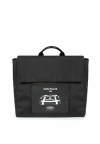 Czarna torba podróżna w kształcie prostokąta, z górną rączką i przednią kieszenią z białą grafiką. Wykonana z trwałego materiału, pomieści 70 litrów.