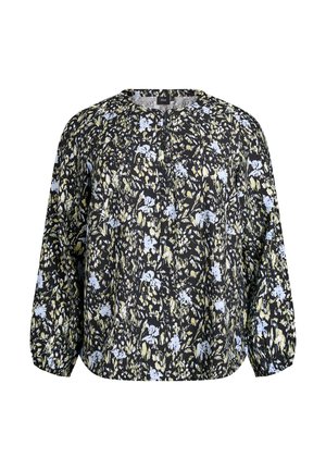 Sort bluse med blomstermønster i blå og gul. Løs pasform, rund halsudskæring og puffede ærmer for et afslappet design.
