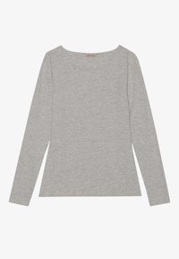 Langermet grå topp med rund hals. Laget av myk stoff, har et enkelt design uten mønstre eller detaljer.