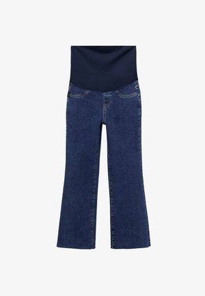 Dark blue maternity jeans with wide legs and a high, stretchy navy waistband for belly support.