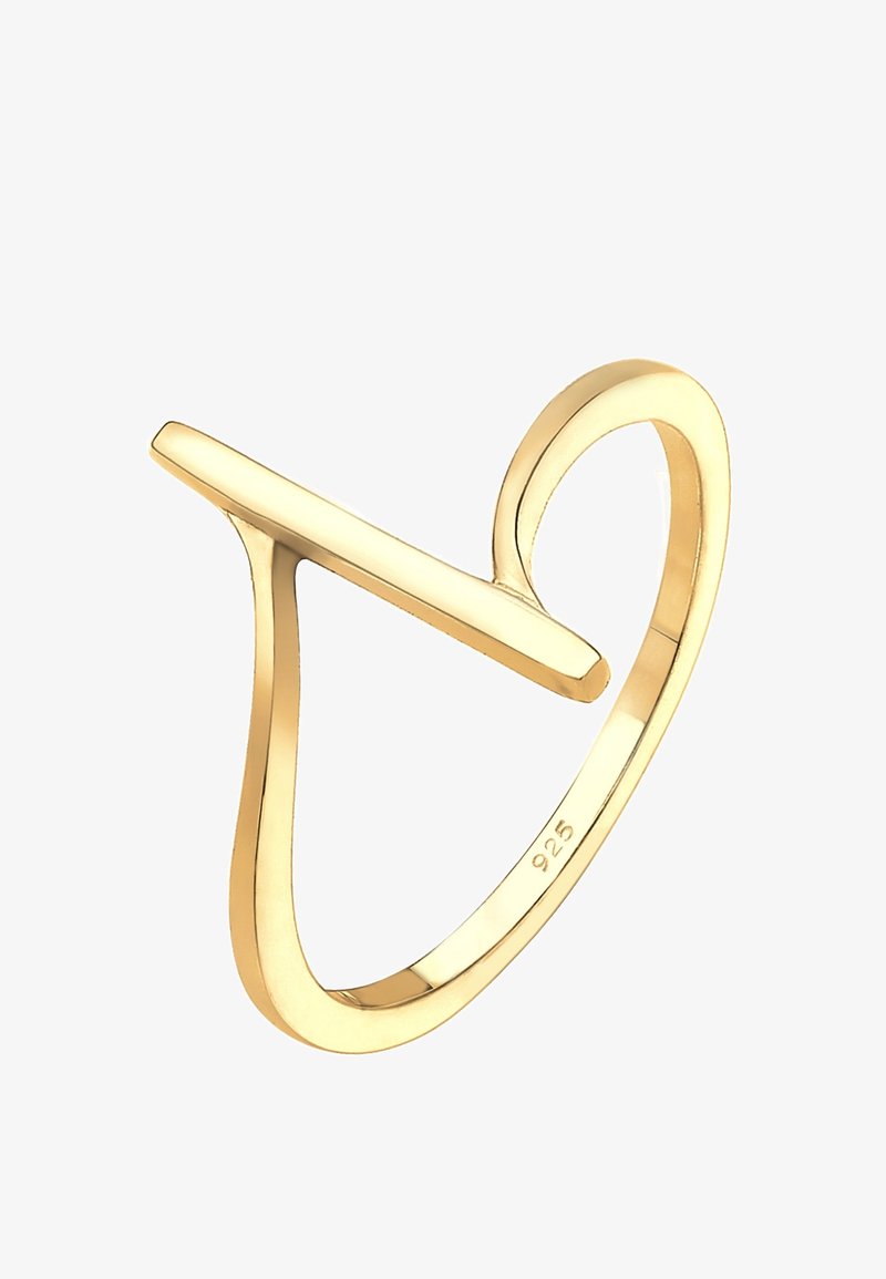 Bague ouverte dorée au design minimaliste avec une barre droite sur le dessus et le poinçon « 925 » à l'intérieur de l'anneau.