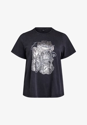 Černé tričko s krátkým rukávem vyrobené z měkkého materiálu, s stříbrným květinovým potiskem uprostřed a kulatým výstřihem.
