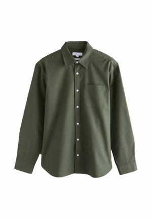 Olive green koszula z długim rękawem, zapinana na guziki z przodu, klasycznym kołnierzykiem, pojedynczą kieszenią na piersi, wykonaną z miękkiego materiału i prostym kroju.