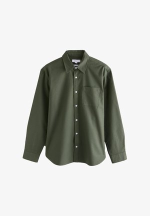 Olive green long-sleeve shirt, button-down front, classic collar, single chest pocket, soft fabric, and straight cut design.