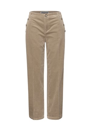 Beige corduroy bukser med lige ben design, der har en knaplukning og sidelukninger for detaljer. Glat tekstur med subtile linjer.