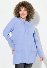 Hellblauer gestrickter Pullover mit rundem Halsausschnitt, Kordelzug-Detail und zwei vorderen Taschen. Lockere Passform und gerippte Bündchen.