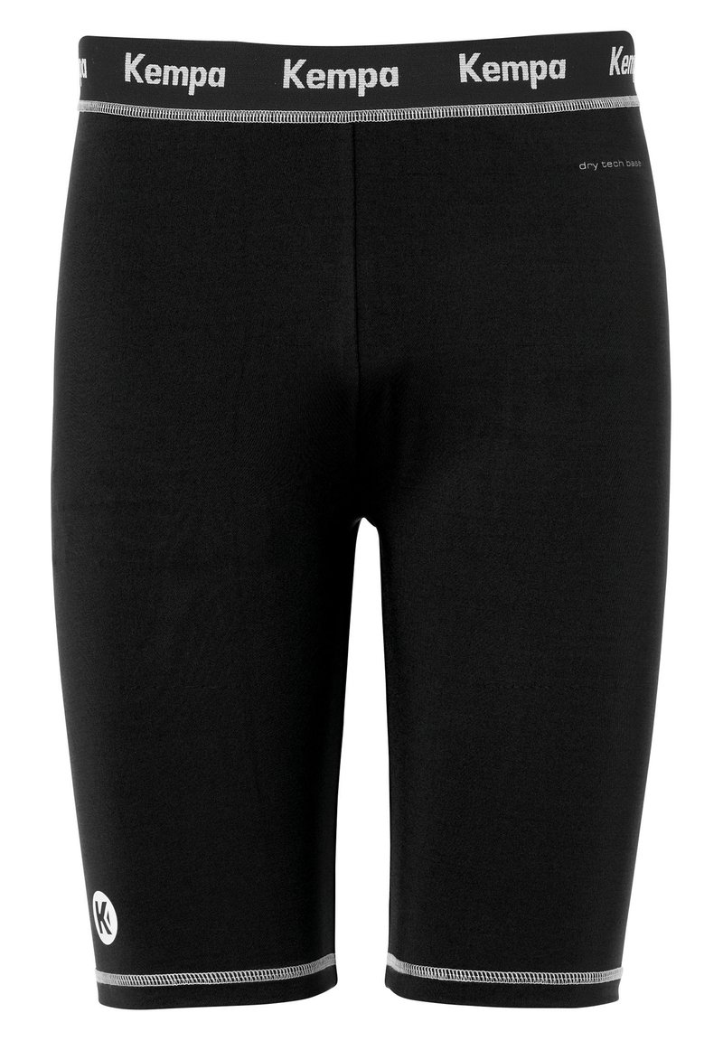 Schwarze Sportshorts aus feuchtigkeitsregulierendem Material. Mit einem weißen elastischen Bund, der das "Kempa"-Logo und silberne reflektierende Nähte aufweist.