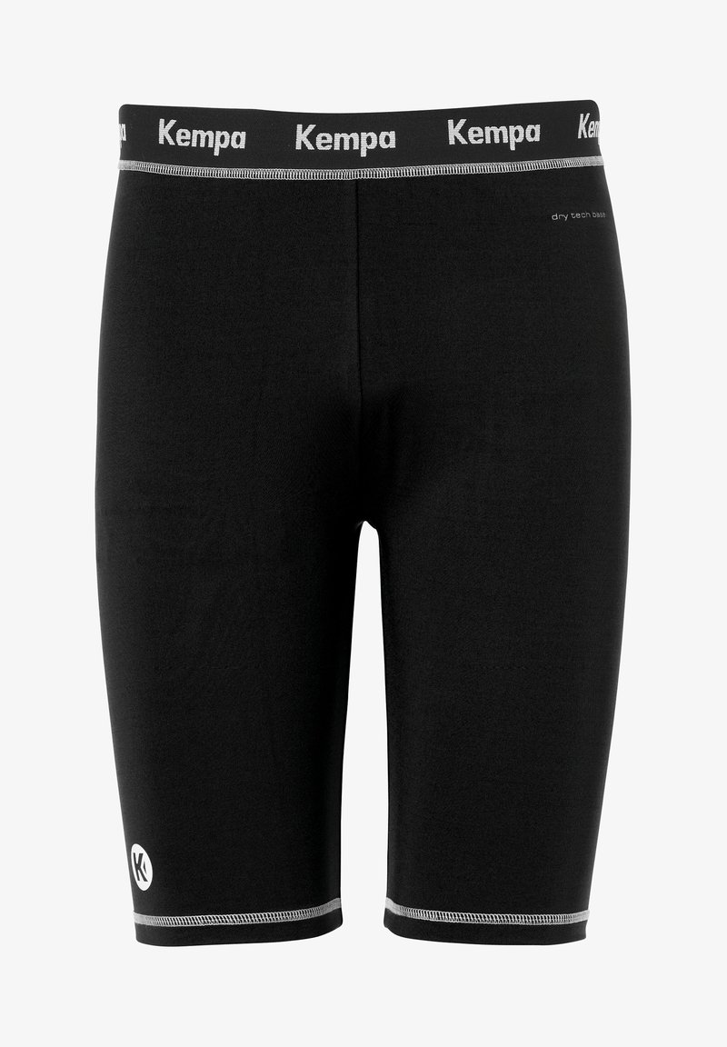 Zwarte sportshorts van vochtafvoerend materiaal. Bevat een witte elastische tailleband met het "Kempa" logo en zilverreflecterende stiksels.