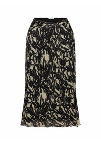 Falda midi plisada con diseño de twisted en la parte frontal, que presenta un patrón abstracto en blanco y negro. Fabricada con una tela ligera y texturizada.