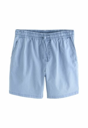 Svetlomodré pánske plavecké šortky s elastickým pásom, šnúrkou a bočnými vreckami, položené na bielom pozadí.