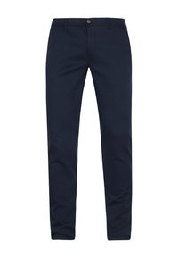 Dunkelblaue Hosen aus einem Baumwollmix, mit schlanker Passform, Reißverschluss mit Knopfverschluss und standardmäßigen Gürtelschlaufen.