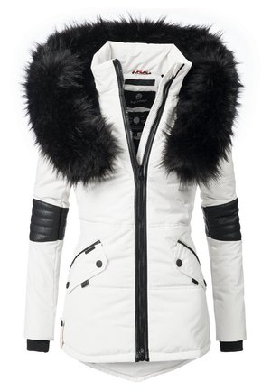 White puffer jacket with a black faux fur hood, black leather accents on sleeves, and two front pockets. Features a full-length zipper.