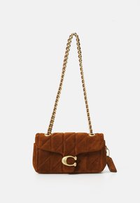 Brown quilted suede shoulder bag with gold-tone chain strap and large gold "C" clasp on front flap closure.