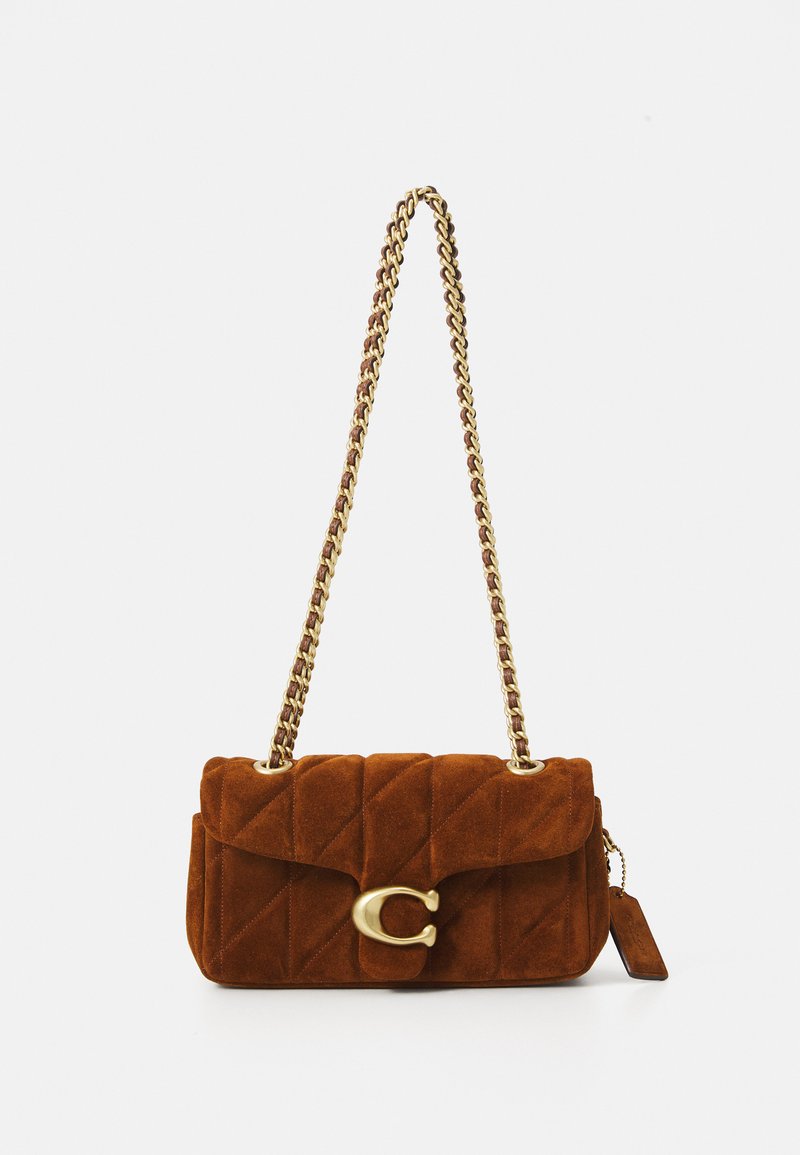 Brown quilted suede shoulder bag with gold-tone chain strap and large gold "C" clasp on front flap closure.