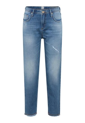 Hellblaue Jeans mit leicht verwaschenem Finish. Verfügt über fünf Taschen, einen Reißverschluss und einen ausgefransten Saum. Klassisches Design mit geradem Bein.