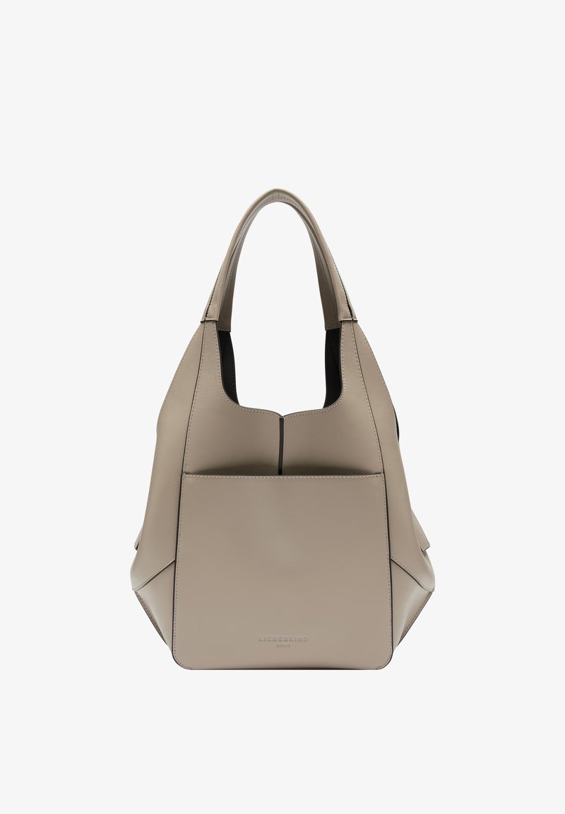 Beige Lederhandtasche mit glatter Textur, strukturiertem Design und kontrastierendem schwarzen Innenfutter; verfügt über zwei kurze Griffe und eine Fronttasche.